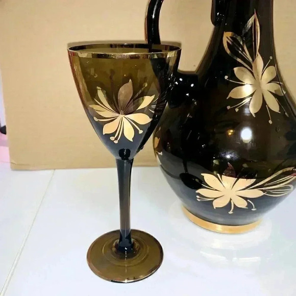 Romanian MidCent Smoked Glass 22k Gold Carafe Decanter Czech Bohemian - Picture 2 of 16